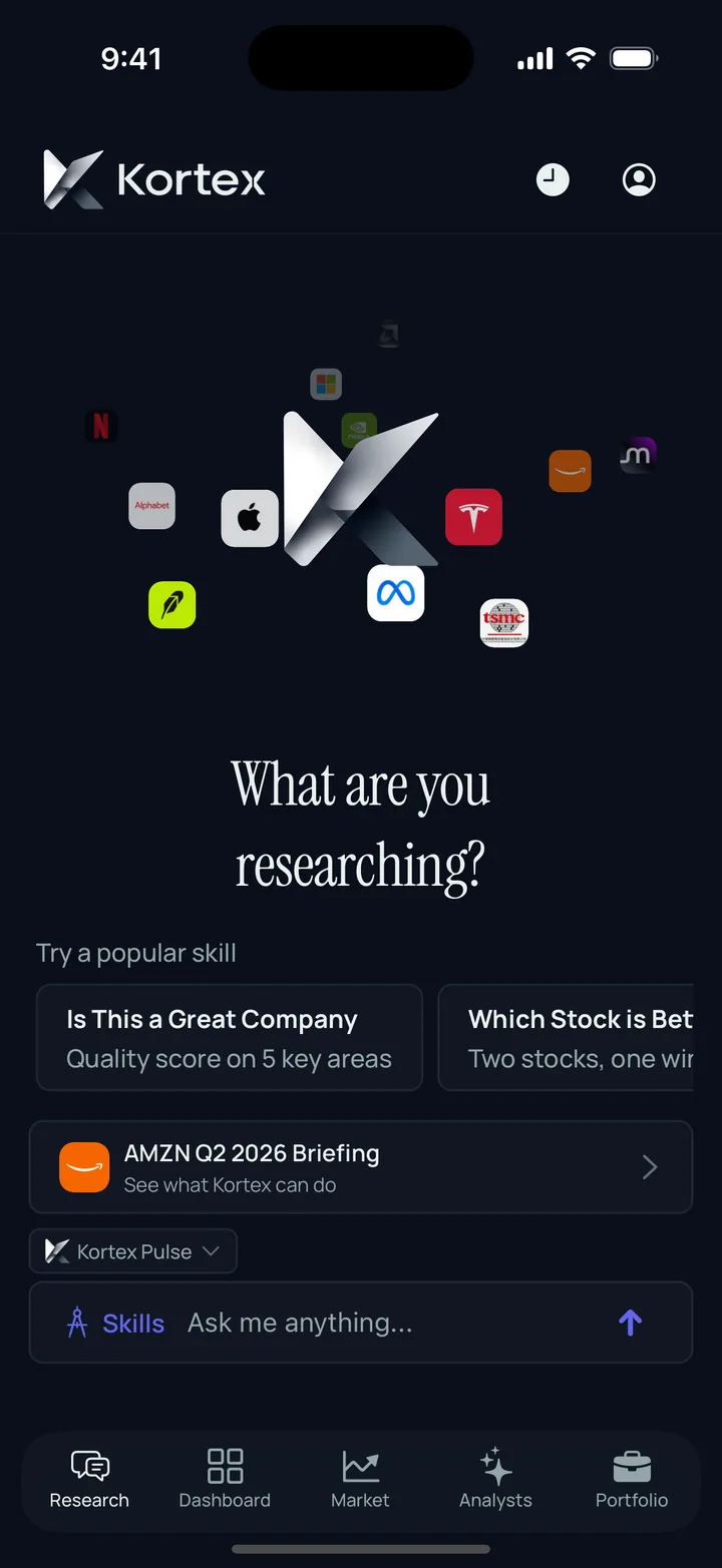 Kortex home screen: the Kortex wordmark above company logos orbiting the Kortex mark, over the prompt "What are you researching?"
