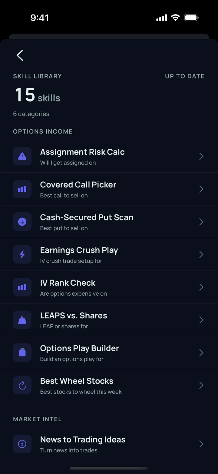 Kortex skill library showing 15 skills across 6 categories, including Covered Call Picker and Cash-Secured Put Scan